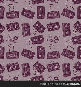 Seamless pattern of cassette tapes. Audio cassette. Vector background.