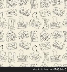 Seamless pattern of cassette tapes. Vector background.