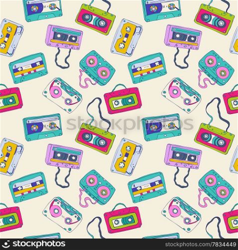 Seamless pattern of cassette tapes. Vector background.