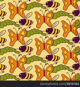 Seamless pattern of caterpillars, bees and butterflies