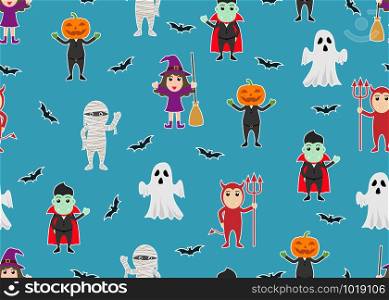 Seamless pattern of character cartoon Halloween monster costume on blue background - Vector illustration