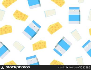 Seamless pattern of cheese slice and milk product on white background - Vector illustration
