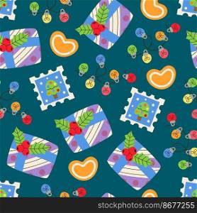 Seamless pattern of christmas gift, garlands, gingerbread cookie, posht mark. Holiday festive decoration. Hygge, cozy xmas household. Merry Christmas, Happy New Year 2023. Greeting card, banner, web