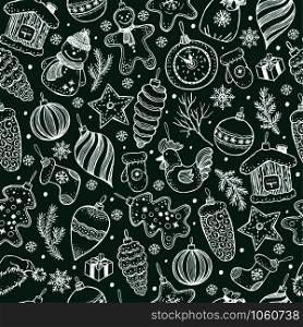 Seamless pattern of christmas on black background. Hand drawn elements.. Seamless pattern of christmas on green background.