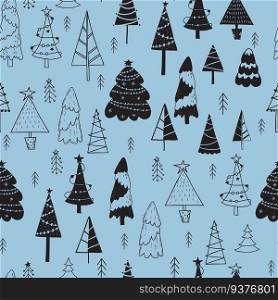 Seamless pattern of Christmas trees on light blue background. Vector illustrations. Modern New Year festive background decor in style of hand drawn doodles