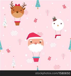 Seamless pattern of Christmas with santa claus, reindeer, snowman balloons on pink background.