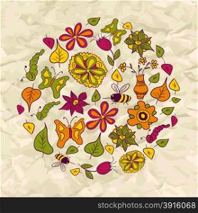 Seamless pattern of circle made of flowers and insects