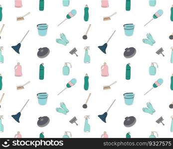 Seamless pattern of cleaning equipment. Vector illustration. Cleaning products drawn with a single line. Vector illustration. Seamless pattern of cleaning equipment. Vector illustration. Cleaning products drawn with a single line.