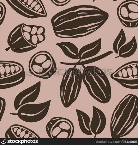 Seamless pattern of cocoa beans, branches and leaves. Cocoa products background. Botanical vintage print for textile, paper, packaging, design, vector illustration. Seamless pattern of cocoa beans, branches and leaves