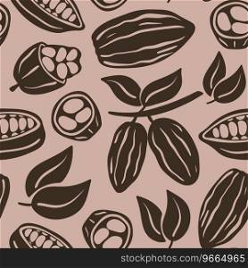 Seamless pattern of cocoa beans, branches and leaves. Cocoa products background. Botanical vintage print for textile, paper, packaging, design, vector illustration. Seamless pattern of cocoa beans, branches and leaves