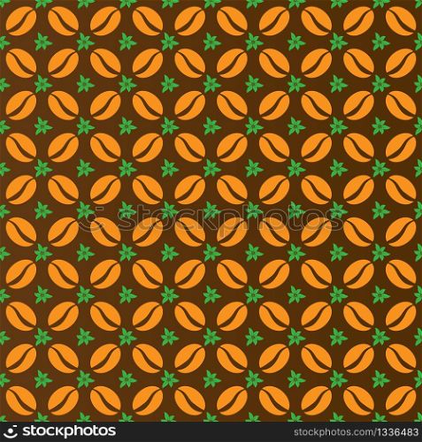 Seamless pattern of coffee beans and leaves. Stock illustration for wrapper, screen saver, background, texture, and embossing. Flat design