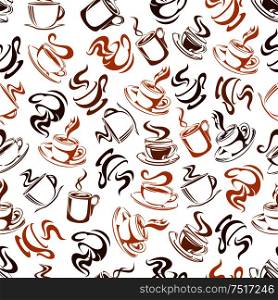 Seamless pattern of coffee in shades of brown colors with elegant glass cups and ceramic mugs of espresso, cappuccino, hot chocolate and latte. Use as food and drinks backdrop or kitchen interior design. Seamless pattern of coffee drinks in brown colors