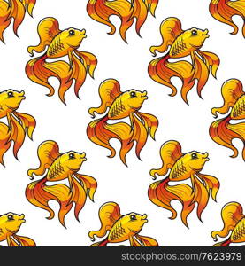 Seamless pattern of colorful golden ornamental goldfish with long fins and tails suitable for textile, tiles or wallpaper, square format. Seamless pattern of ornamental koi or goldfish