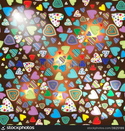 Seamless pattern of colorful hearts on a dark background with illumination