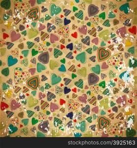 Seamless pattern of colorful hearts on old shabby paper