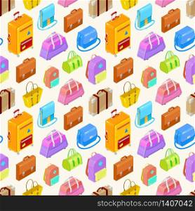 Seamless pattern of colorful isometric bags ans suitcases.Vector illustration.