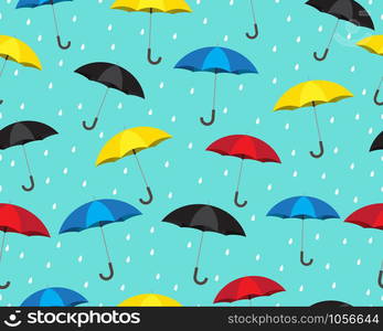 Seamless pattern of colorful umbrella with drops raining on blue background - Vector illustration