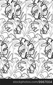 Seamless pattern of contour illustration of monstera leaves. Tropical flora. Monoline picture. Vector trendy continuous line foliage of various shapes. Black and white natural wallpaper and texture. Seamless pattern of contour illustration of monstera leaves. Tropical flora. Monoline picture. Vector trendy continuous line foliage of various shapes.
