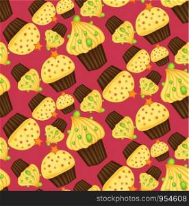 Seamless pattern of cupcakes with yellow cream, sweets, baked goods