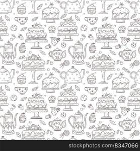 Seamless pattern of cups, teapots, cookies, cakes and other sweets. Vector icons in black and white sketch style. Hand drawn isolated objects. Seamless pattern of cups, teapots, cookies, cakes and other sweets.