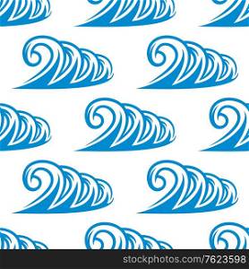 Seamless pattern of curling blue ocean waves with a repeat motif arranged in rows on a square format for wallpaper, tiles and fabric, vector illustration isolated on white