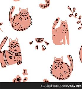 Seamless pattern of cute cartoon cat design on white background for kids print. Vector.. Seamless pattern of cute cartoon cat design on white background for kids print. Vector illustration.