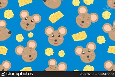 Seamless pattern of cute cartoon face rat with cheese on blue background - Vector illustration