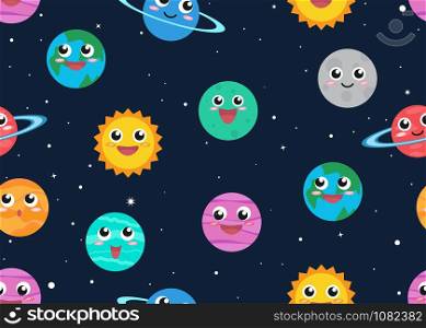 Seamless pattern of cute cartoon planets in space background - Vector illustration