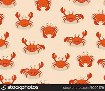 Seamless pattern of cute cartoon red crabs on beach background - Vector illustration