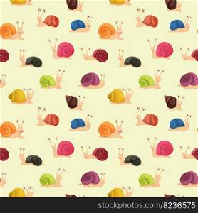 seamless pattern of cute charming funny snails in a cartoon style. Pattern for children’s fabric, wrapping, textiles or stationery