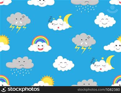 Seamless pattern of cute cloud cartoon emojis icon set with different expressions on sky background - Vector illustration