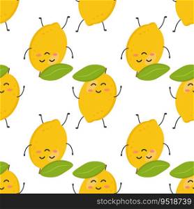 Seamless pattern of cute colorful yellow lemons. With green leaves. Banner, flyer, wallpaper, fabric design. Vector flat illustration.    