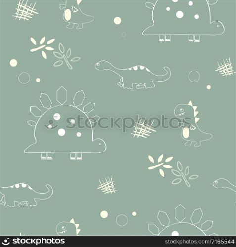 Seamless pattern of cute dinosaurs and other shapes. Vector illustration that is suitable for decorating fabric and textiles, Wallpapers, web page backgrounds or postcards.