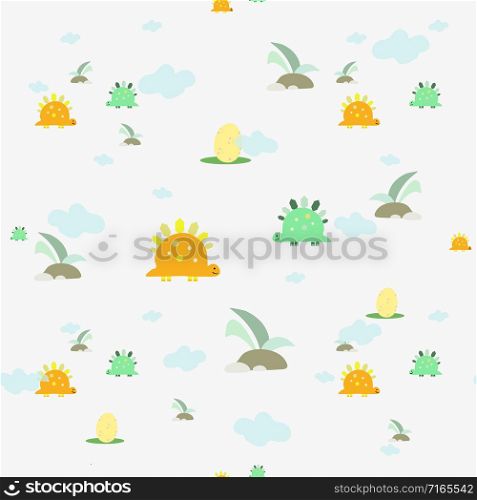 Seamless pattern of cute dinosaurs. Vector illustration that is suitable for decoration of fabric and textiles, Wallpaper, web page backgrounds or postcards.