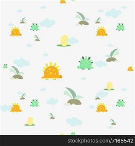 Seamless pattern of cute dinosaurs. Vector illustration that is suitable for decoration of fabric and textiles, Wallpaper, web page backgrounds or postcards.