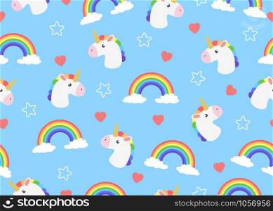 Seamless pattern of cute face cartoon unicorn with clouds and rainbow background - Vector illustration.