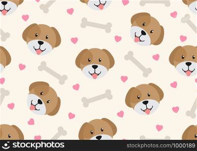 Seamless pattern of cute face dog with dog bone and heart shape background - Vector illustration