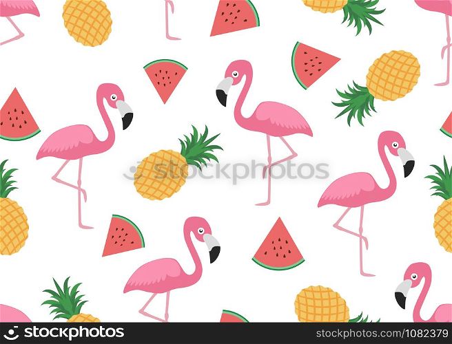 Seamless pattern of cute flamingo with slice watermelon and pineapple on white background - Vector illustration