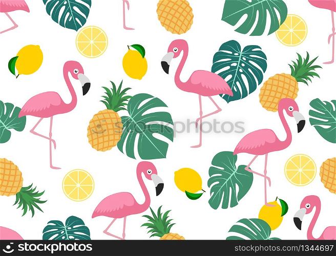 Seamless pattern of cute flamingo with tropical leaf ,lemon and pineapple on white background - Vector illustration