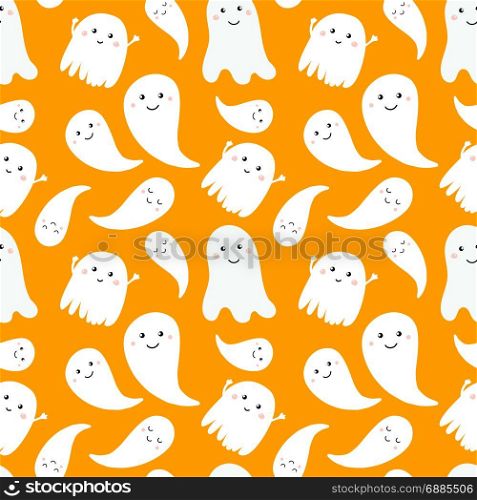 Seamless pattern of cute little cartoon ghosts.. Seamless pattern with cute little cartoon ghosts. White ghosts on orange background. Halloween illustration. Pattern for paper, textile, game, web design.