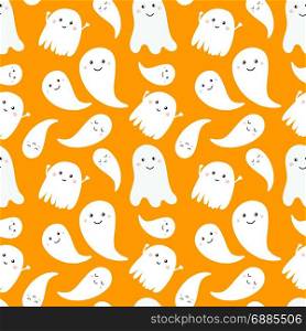 Seamless pattern of cute little cartoon ghosts.. Seamless pattern with cute little cartoon ghosts. White ghosts on orange background. Halloween illustration. Pattern for paper, textile, game, web design.