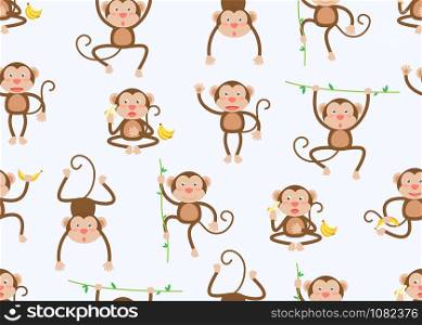 Seamless pattern of cute little monkeys cartoon in different poses on white background - Vector illustration