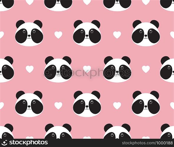 Seamless pattern of cute panda face with heart on sweet background