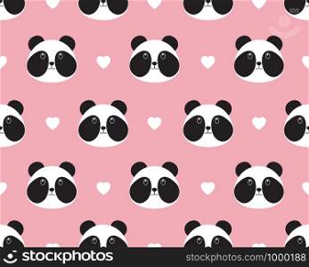Seamless pattern of cute panda face with heart on sweet background