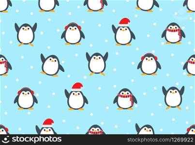 Seamless pattern of cute penguin cartoon with snow background