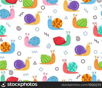 Seamless pattern of cute snail with doodle geometric shape on background - Vector illustration