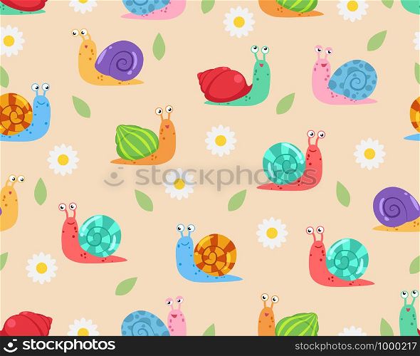 Seamless pattern of cute snail with flower and leaf background - Vector illustration