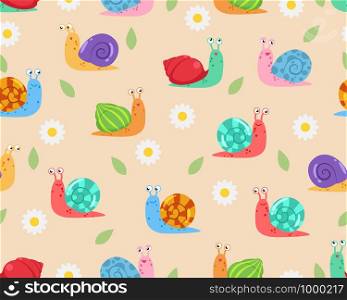 Seamless pattern of cute snail with flower and leaf background - Vector illustration