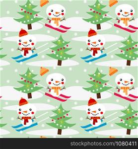Seamless pattern of cute snowman plays ski in the forest.
