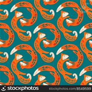 Seamless pattern of dancing orange folk art foxes on turquoise background. Vector animalistic texture love and family. Background with animals with floral decorations for wallpaper and fabric. Seamless pattern of dancing orange folk art foxes on turquoise background. Vector animalistic texture love and family. Background with animals